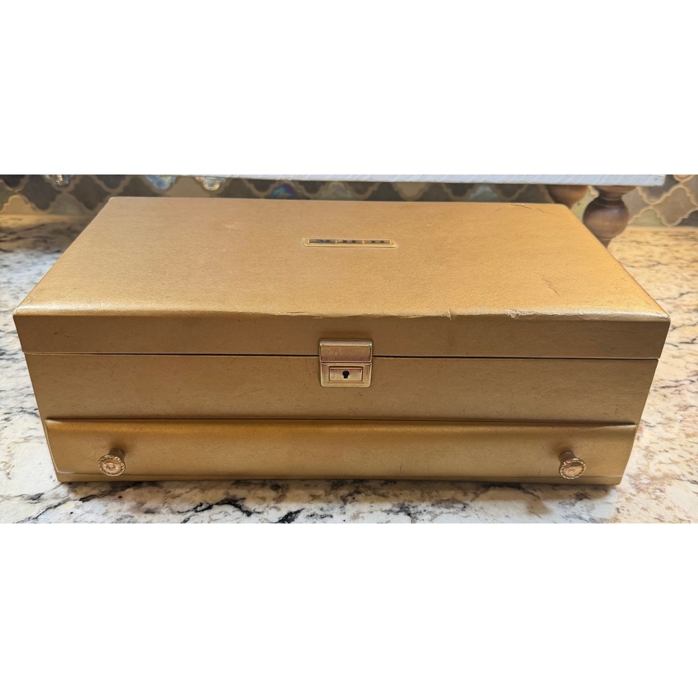 Vintage Lady Buxton Jewelry Box Gold Velvet Floral MCM 3 Tier Drawer Retro 70s